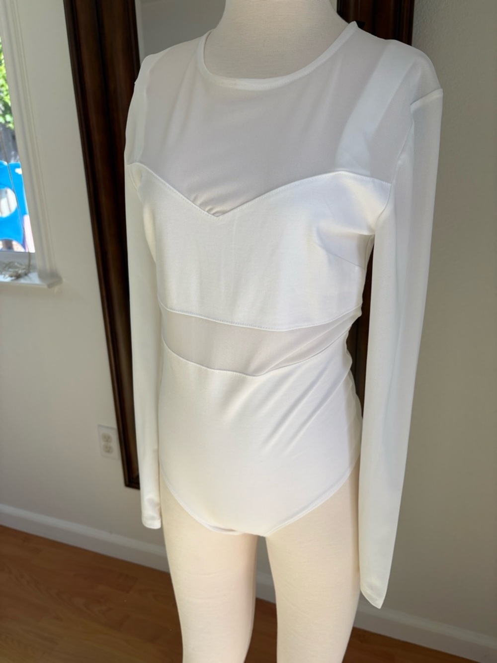 Kendall & Kylie White Mesh Yoke Long Sleeve Bodysuit with Back Zip - Picture 2 of 4